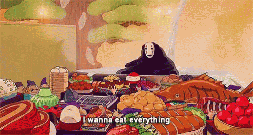 No Face from Spirited Away has a pile of food in front of him. It is not enough.