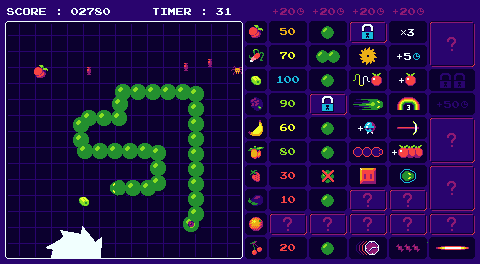 Snake-like game with a board of unlocking powers and challenges on the right side of the screen.