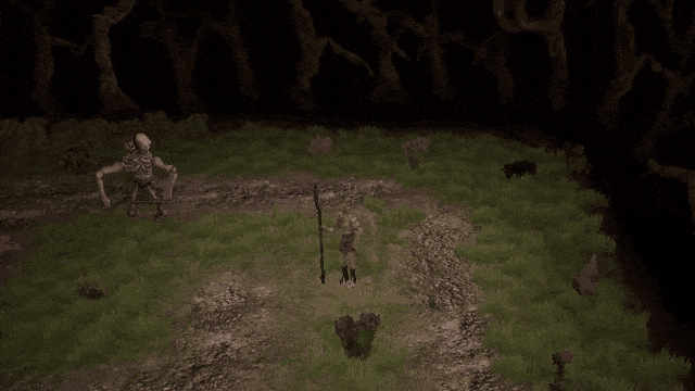 Gameplay footage of a battle between the main character and a giant skeleton. Happening in a rectangular arena. The boss slams the ground causing yellow circles to expand from the point of impact.