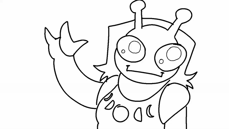 An animated GIF of Cos the alien waving happily.