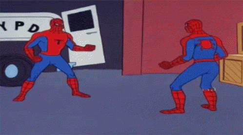 Two Spidermans pointing at each other.