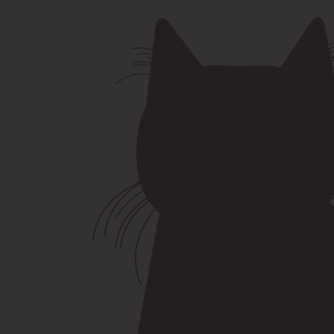 An illustration of a black cat against a grey background. When it blinks, its yellow eyes shine brightly against the neutral background.