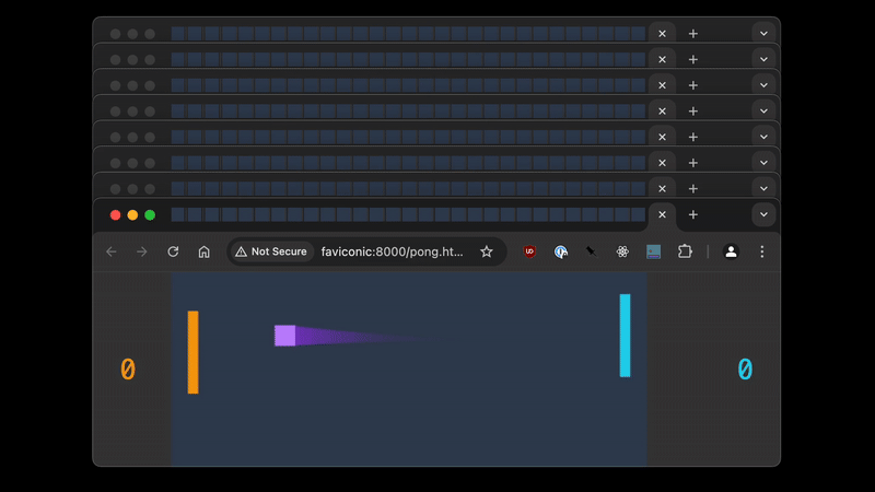 Animated GIF showing a rendition of the classic Pong game embedded in multiple browser tab favicons. There are eight browsers on screen, stacked up so that you only see the foremost browser page -- but at the top of it, the seven other lines of browser tabs poke up, one by one, each with 30 browser tabs open, so you can only see the favicons. Each favicon represents a frame of the animation, with paddles moving vertically on either side, and a ball bouncing horizontally between them. The score is displayed beside each paddle, creating a dynamic and inventive demonstration of browser capabilities.