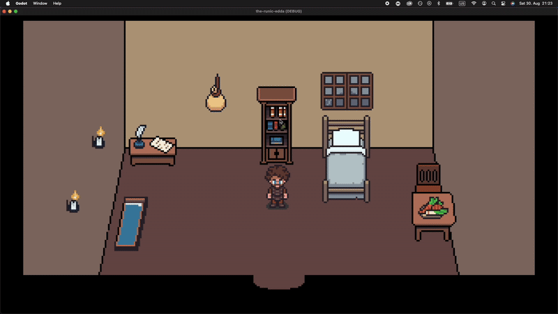 Showcase of the interior of a house in pixel art where Eytran, the protagonist, interacts with different props.