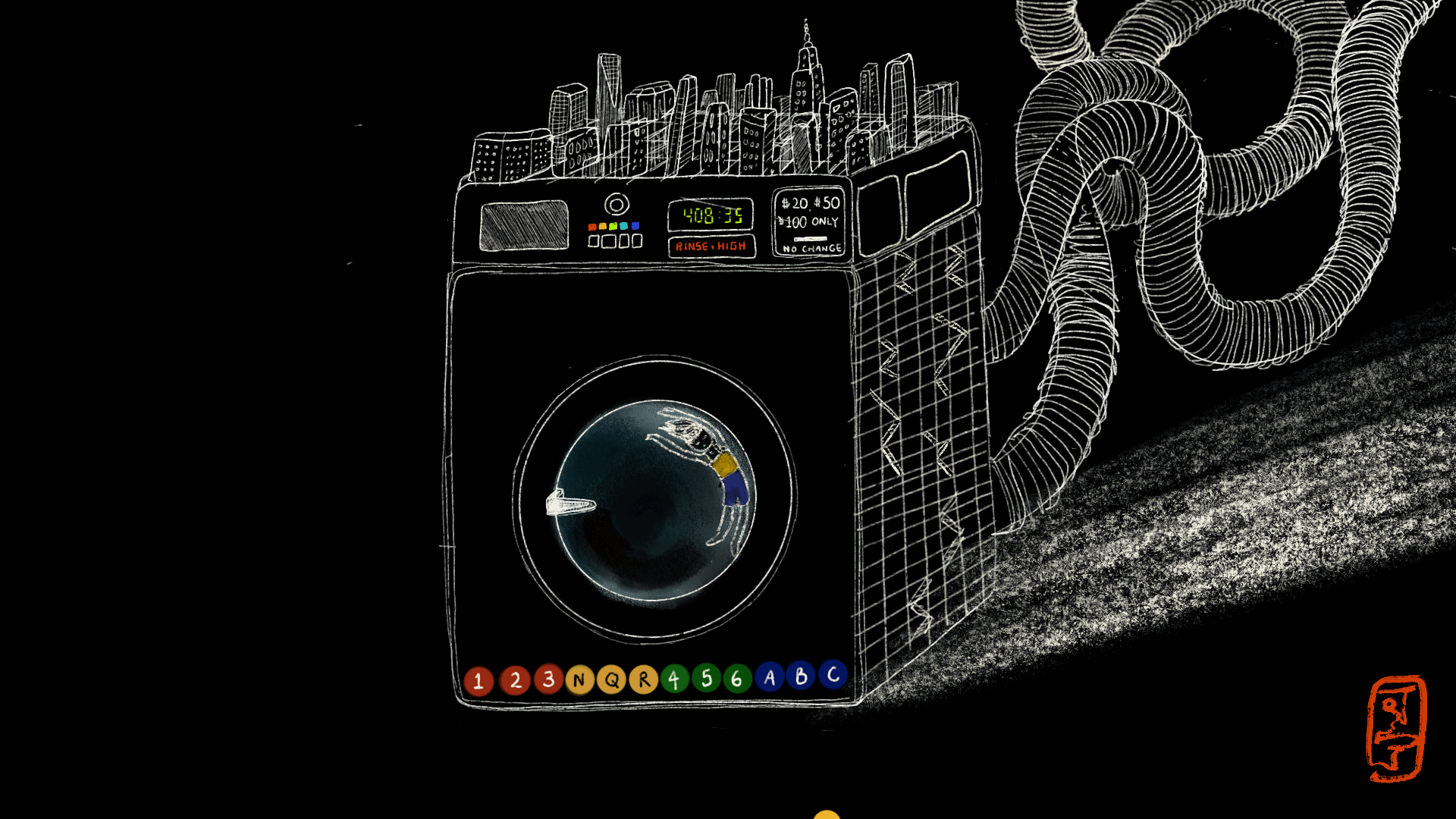 nyc as washing machine with subway icons and city