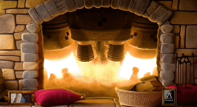 A looping animated gif showing a stone fireplace -- except instead of a regular fire, inside the fireplace you can see the bottom nose cones of several NASA rockets exhaling, bright rocket exhaust into the fireplace.