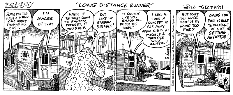 A Zippy comic strip, about his use of non sequiturs