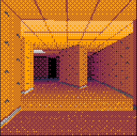 This is the same as the pixelated image of the room from above, but this time it's animated -- it shows the player roaming through the yellow rooms, going down yellow hallways into ever more seemingly identical rooms