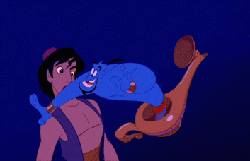 A blue, cartoon genie emerging from a magic lamp in Disney's Aladdin.
