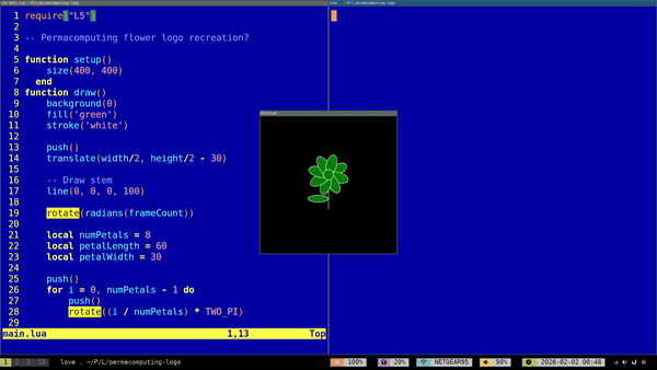gif of code plus a rotating green flower logo