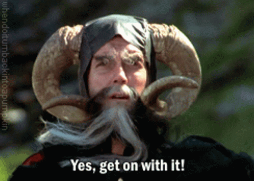 John Cleese as Tim in Monty Python and the Holy Grail, saying 'get on with it'
