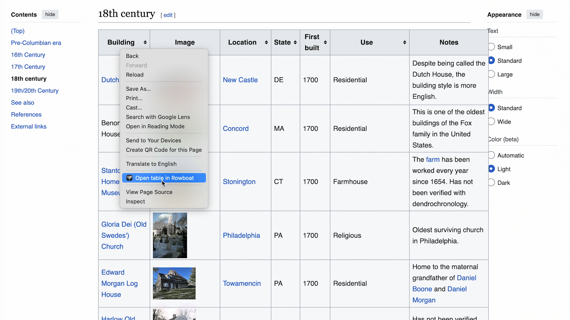 Right-clicking to open a Wikipedia table about 18th-century buildings in Rowboat