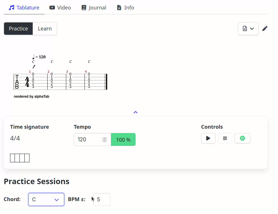 Gif showing how the tablature and midi player responds to user selection in variations dropdown