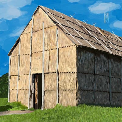 Illustration by Mek Frinchaboy of the Longhouse at Ganondagan in Victor, NY