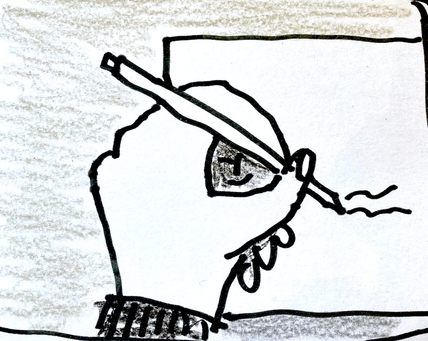 Rough drawing of a left hand writing with a pen. The drawing has thick black lines and rough shading with a crayon.