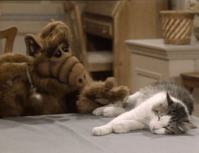 A brown, hairy alien waving a pocket watch beside a white and black sleeping cat.