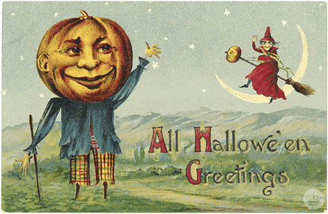 A vintage illustration of a pumpkin guy waving at a witch floating above the words "All Hallowe'en Greetings"