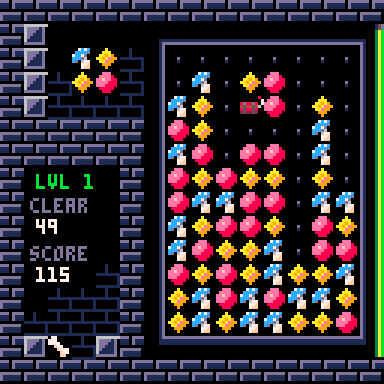 Curse Match, a falling block arcade puzzle game. The player is presented with a choice of two curses, "Darker" and "Fewer Bombs," and when they choose darker it makes the areas far from the player's pieces dim.