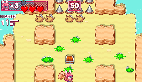 my game's new HUD and UI: a portrait of the main character in the top-left corner, huge chunky heart and bomb icons, and huge numbers flying out of enemies as they get taken out in a chain reaction