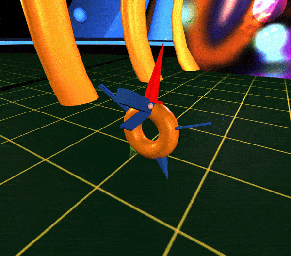 [A gif of an orange donut with a pointy red hat waving his arms and legs. He’s standing on (floating above?) a gridded plane, and there’s a revolving cosmic image in the background.]