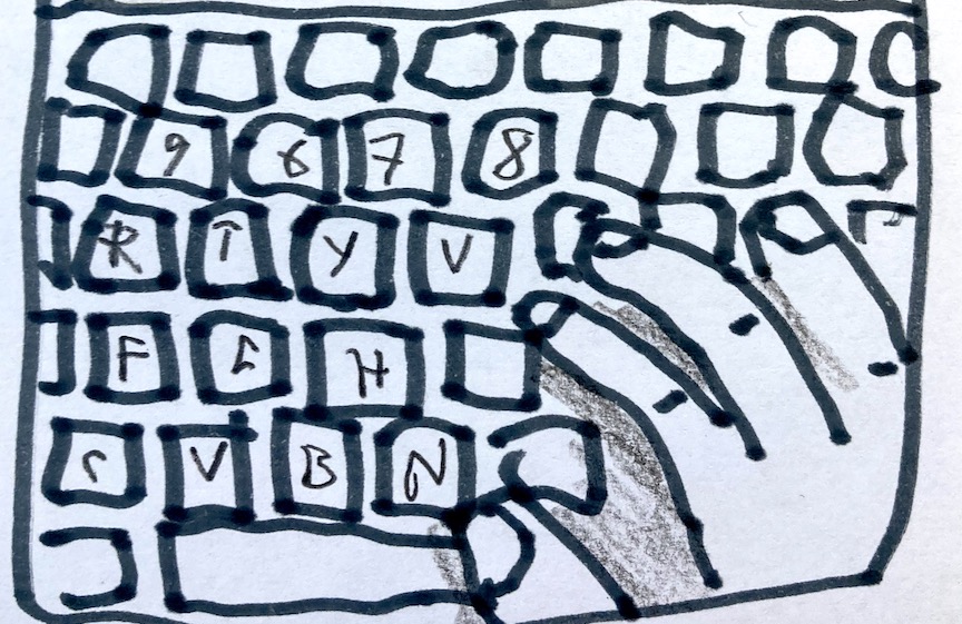 Drawing of a hand closing over the keys of a keyboard. Only a few of the keys have been finished with the numbers and letters they represent - the others are blank.