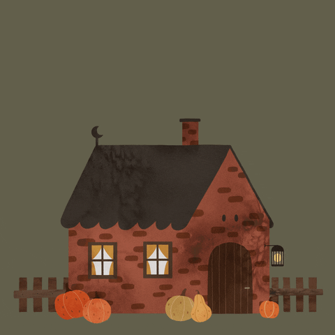A cartoon of a ghost flying out of the chimney of a cozy cottage with pumpkins by the door