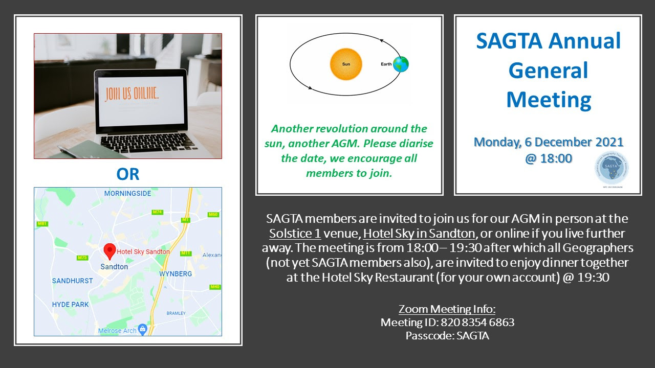 Reminder and booking form for SAGTA AGM and the Geography Dinner afterwards