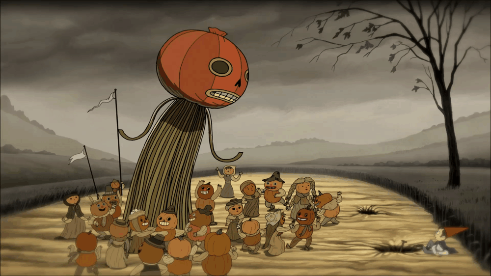 a gif of a scene from over the garden wall where pumpkins dance