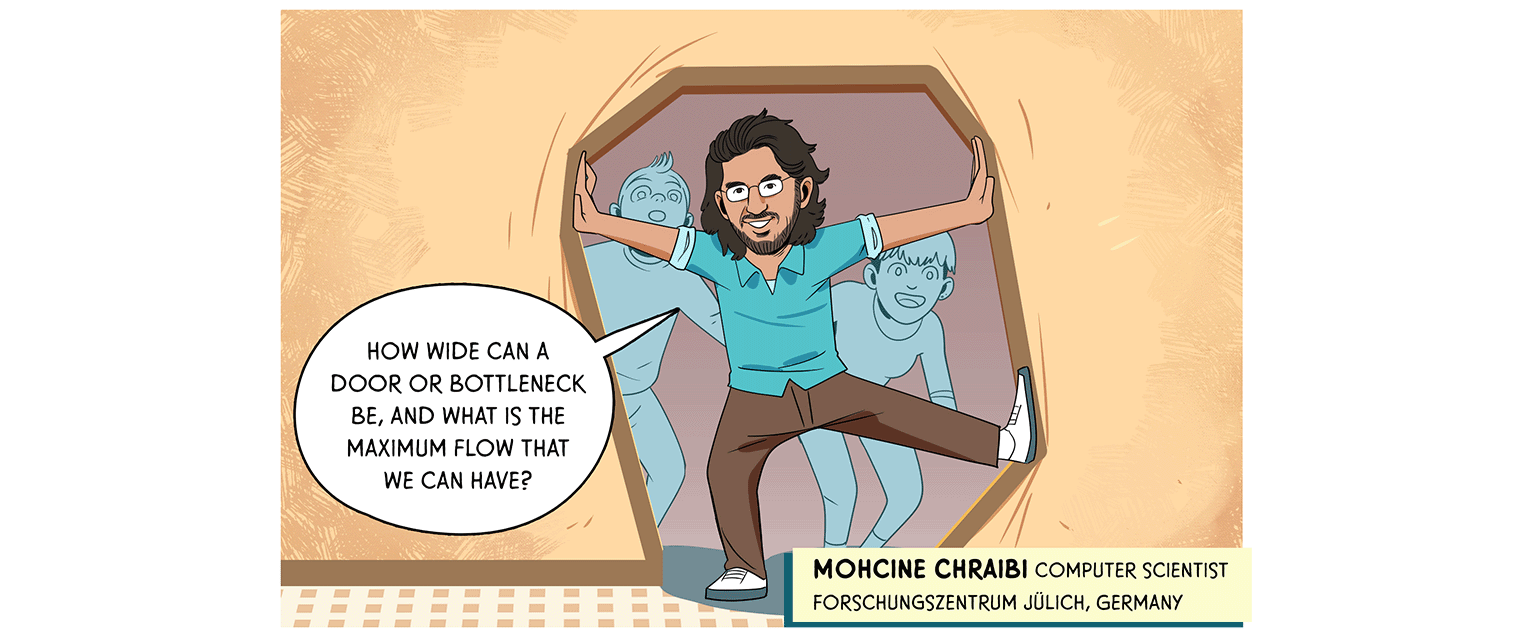 artwork of computer scientist Mohcine Chraibi (metaphorically) opening a doorway to let people through. He says "How wide can a door or bottleneck be, and what is the maximum flow that we can have?"