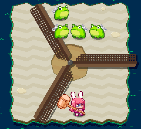 Tess the bunny girl fighting against frogs in a small room while avoiding a spinning Ducky's Delivery Service windmill