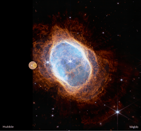 An image compares the Southern Ring Nebula as seen by two space telescopes, with the left side labeled “Hubble” in near-black and the right side labeled “Webb,” showing a vivid, detailed view. The nebula appears as a glowing blue core surrounded by layers of fiery orange gas against a star-filled background. A circular slider sits in the middle, allowing the viewer to reveal more or less of each telescope’s version.
