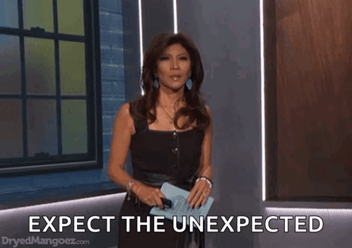 Julie Chen mouthing "What?" with the words "EXPECT THE UNEXPECTED"