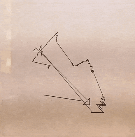 An animated gif of line drawing. It unfolds on a beige surface, as a mechanical pen traces a jagged, abstract path made of sharp angles, zigzags, and geometric shapes. The lines intersect and overlap, occasionally forming triangles or arrow-like motifs, creating a piece that feels both chaotic and intentional. The motion suggests it's being generated live by a plotter or drawing machine, likely part of a generative art installation. The hypnotic progression emphasizes randomness within a set of programmed constraint