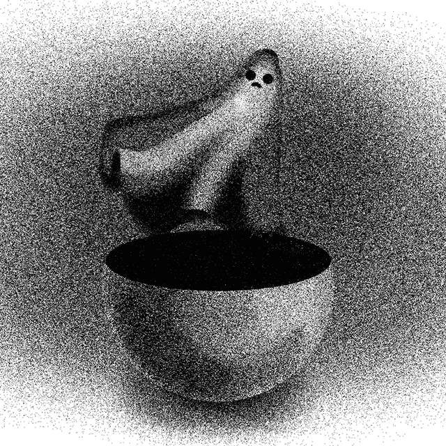 A black and white pointillism ghost floats eerliy over a cup