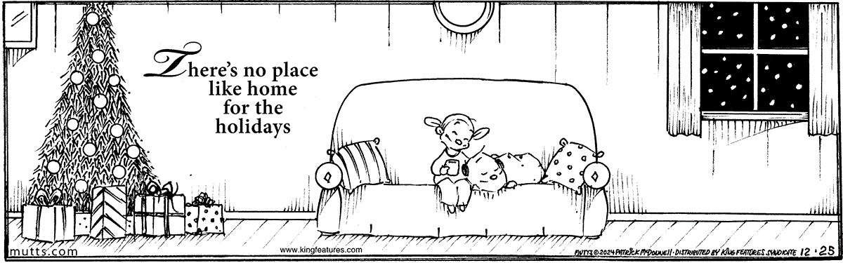 The Christmas 2024 Mutts comic strip, showing Sparky (née Guard Dog) asleep on the sofa with his human