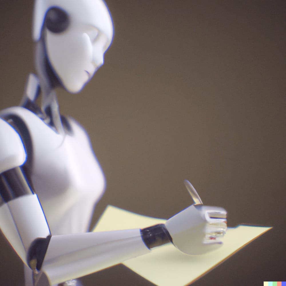 A humanoid robot writing on a sheet of paper