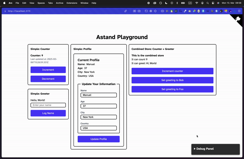 Showcase of the Astand State Management Library with two simple stores (counter and greeter). Some updates are updated at the same time in different elements, showing there is a global management. Also there is a debug panel on the bottom right corner that shows the state.