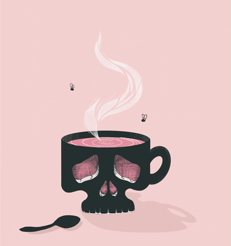 An illustration of a black mug shaped like a skull with a pinik hot beverage inside. Two tiny flies swirl around the steam