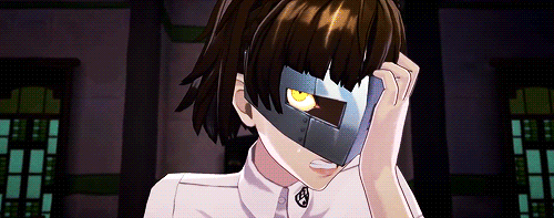 gif from the video game Persona 5. Makoto is awakening to her powers, determinedly ripping a mask off her face and shouting to the sky as a torrent of light bursts from her chest.