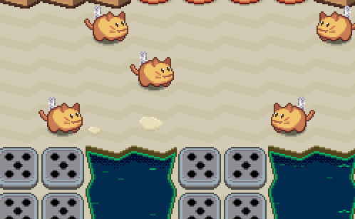 Gameplay footage of cats with a flashing outline when they're about to attack