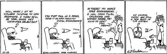 The October 26, 1970, episode of Bull Tales showing B.D. (football player) sitting in a chair with a beer thinking to himself, with Mike Doonesbury entering in the last two panels