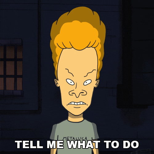 Beevis, a white cartoon man with blonde hair and a Metallica shirt, saying "Tell me what to do and I will obey."