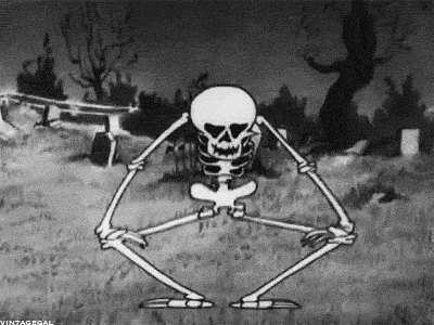 Animation of a skeleton in a graveyard dancing with its hands on its own knees