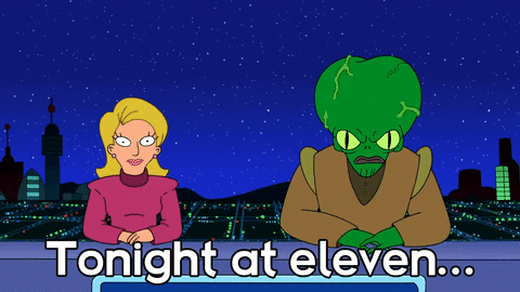 A blonde woman in a red shirt saying, "Tonight at eleven," and a green alien in a brown shirt yelling, "Doom."