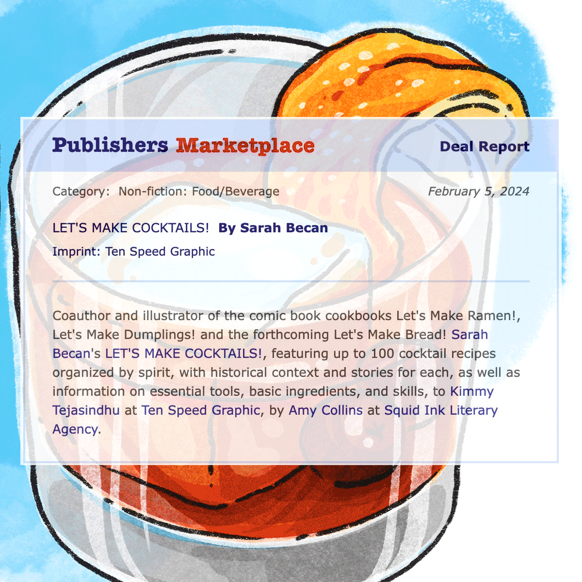 A Publishers Marketplace report from February 5, 2024, announcing "Let's Make Cocktails"