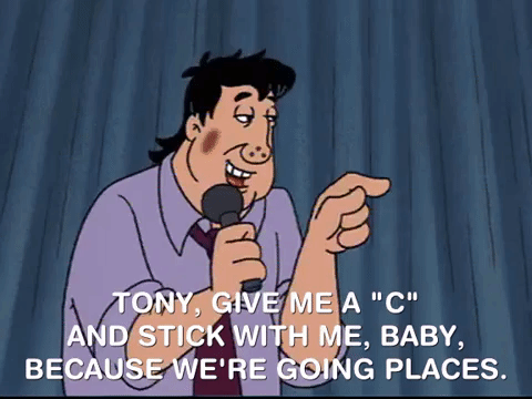 a cartoon white man with black hair and a shirt and tie saying to stick with him because we're going places