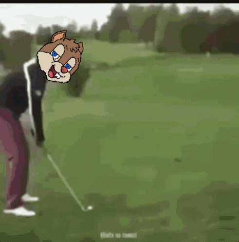 a person teeing off on a golf course and being hit by a golf cart; both have their faces replaced by cartoon chipmunks