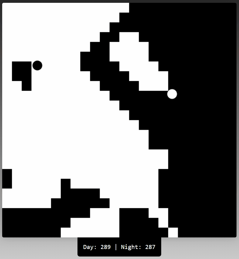 An animated gif of two Pong balls, one black and one white, bouncing around the screen that is divided into black and white sections that are crudely pixelated. When the black ball hits a white area, it bounces off and "breaks" that brick, turning it black; the white ball does the opposite. They continually destroy each other's terrain, but it's also clear neither can win the battle