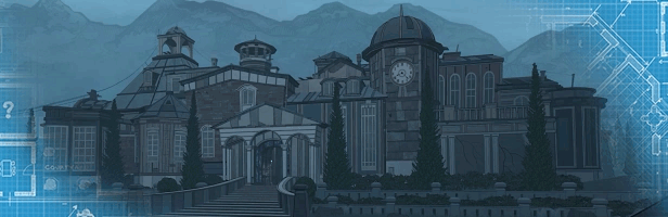Front shot at the mansion from Blue Prince, slowly zooming in.