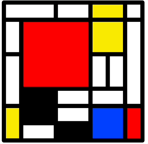 An animated gif. It shows a Mondrian-like picture made of yellow, white, blue, red and black squares. An unseen force -- seemingly someone using a mouse -- pulls at different parts of the picture and they deform, and when the person lets go they snap back into place, but jiggle for a bit, as if the painting's lines were made of elastic